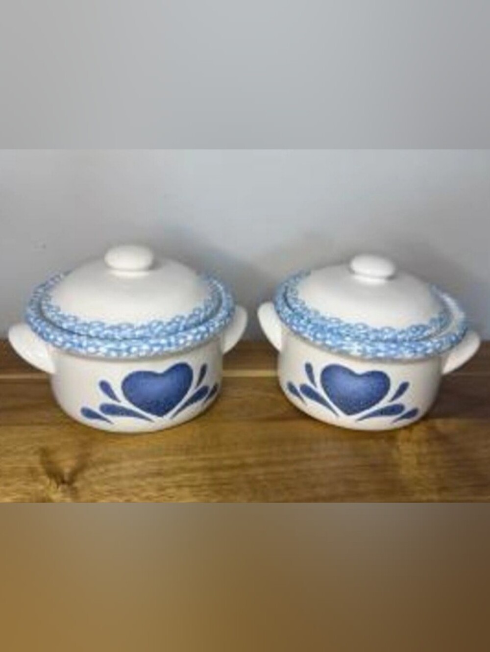 Vintage corelle Blue Heart Spongeware soup Crocks Set